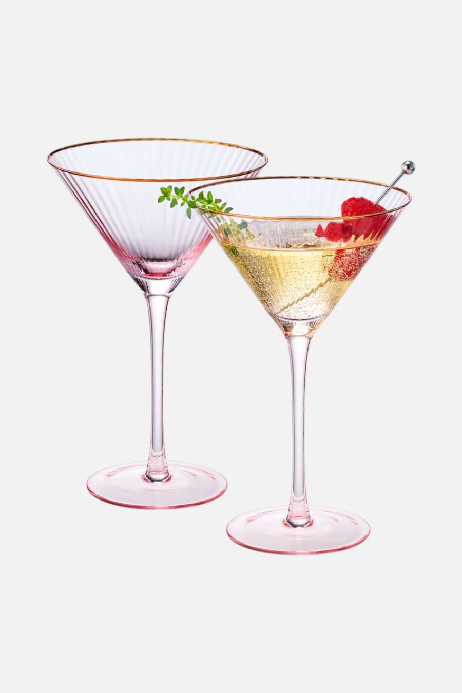 Wine Savant Vintage Blush Pink Gold Rim Colored Martini Glasses - Set of 2 – front view