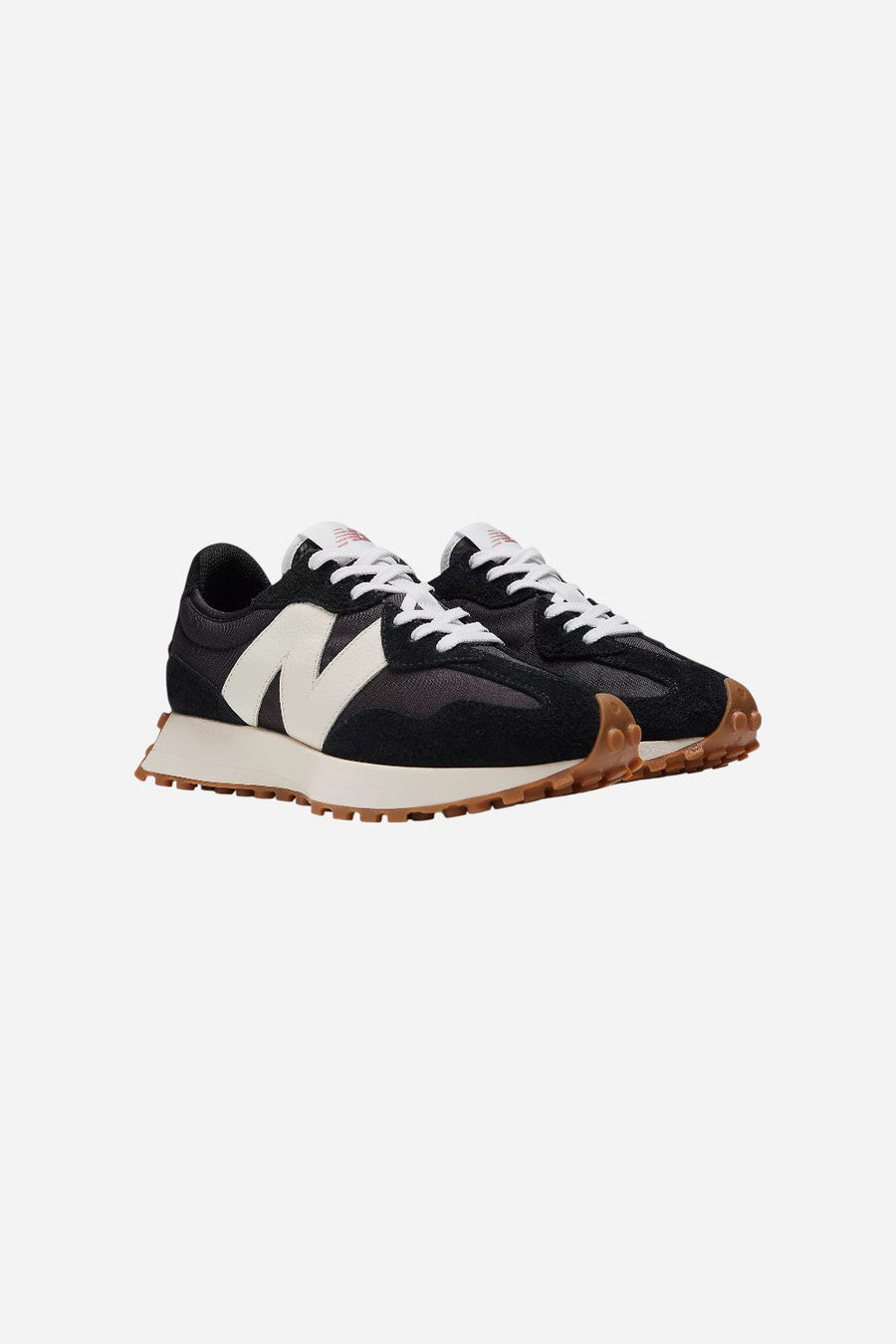Women's New Balance 327 in Black with White and Mineral Red – back view