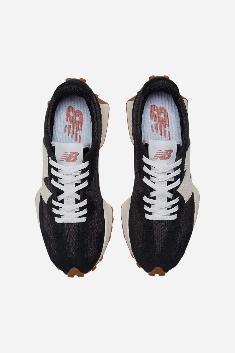 Women's New Balance 327 in Black with White and Mineral Red – detail