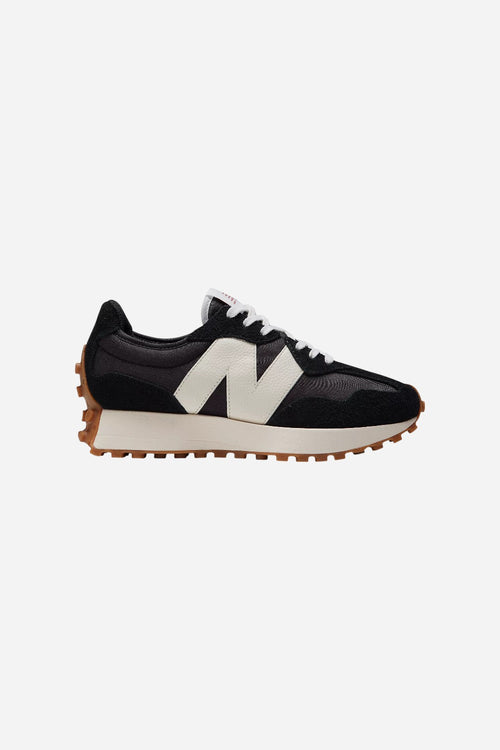 Women's New Balance 327 in Black with White and Mineral Red – front view