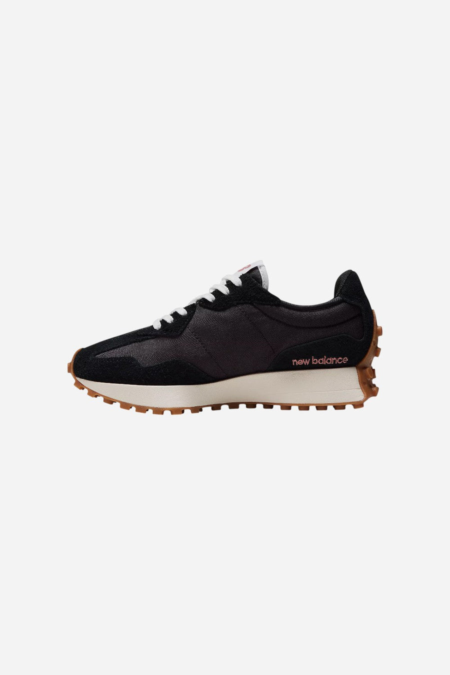 Women's New Balance 327 in Black with White and Mineral Red – side view