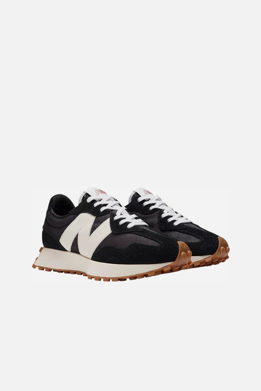 New Balance Women's 327 in Black with White and Mineral Red – three-quarter view