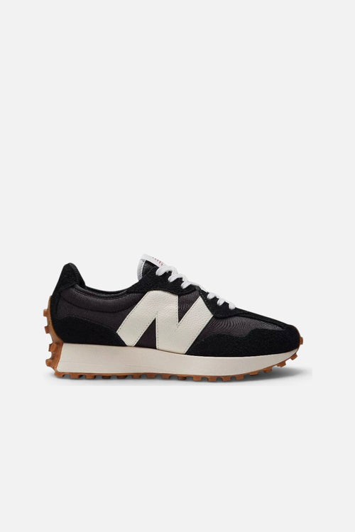 Women's New Balance 327 in Black with White and Mineral Red – side view
