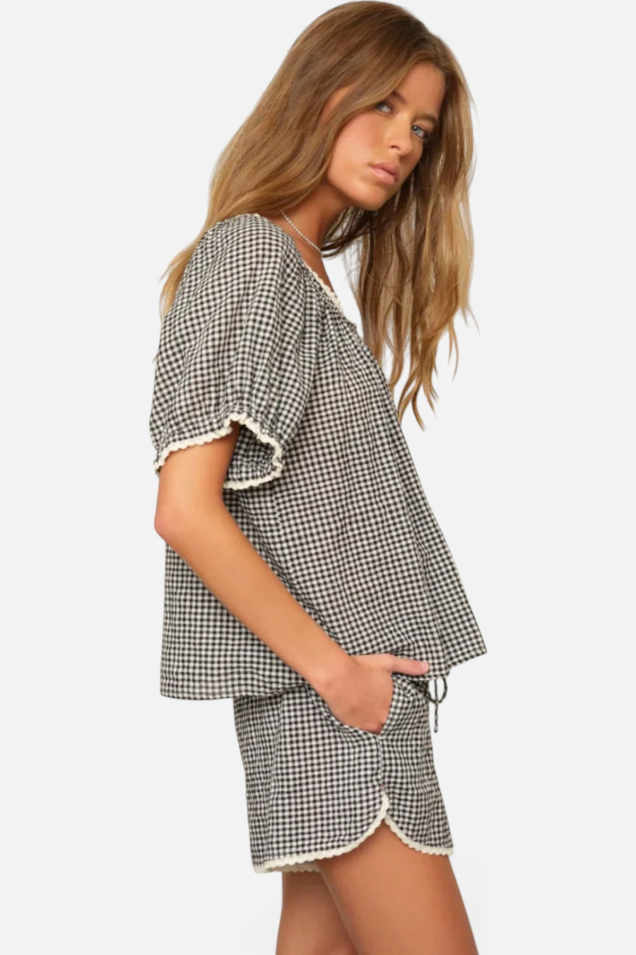 Xirena Maisie Gingham Check Top in Black Sand – back view