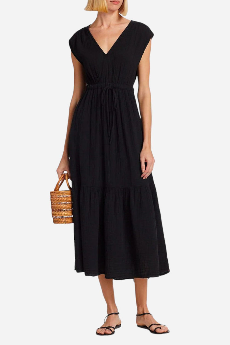 Xirena Rosalie Cotton Gauze Midi Dress in Black – front view