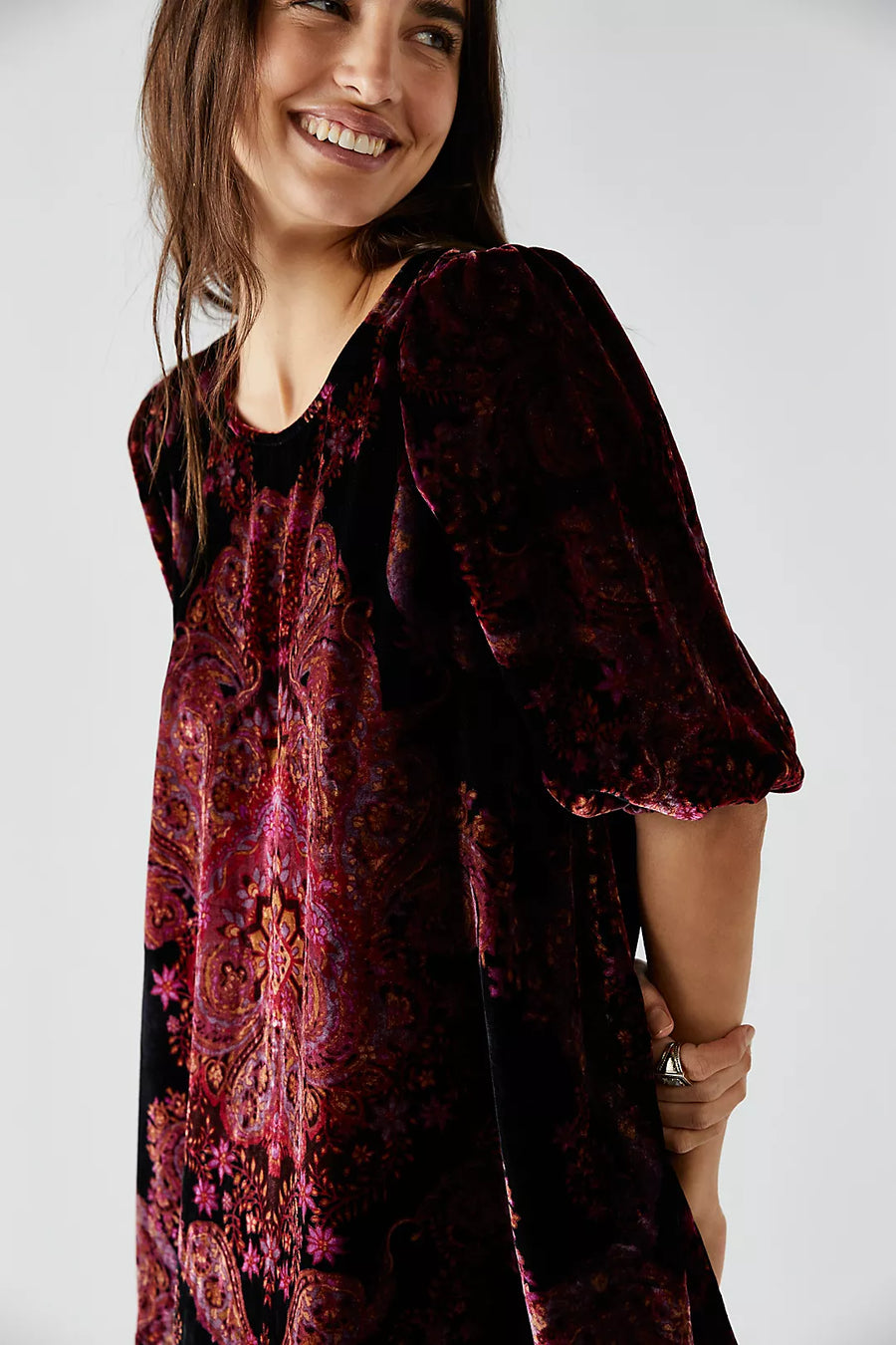 Free People Maye Printed Velvet Tunic in Black