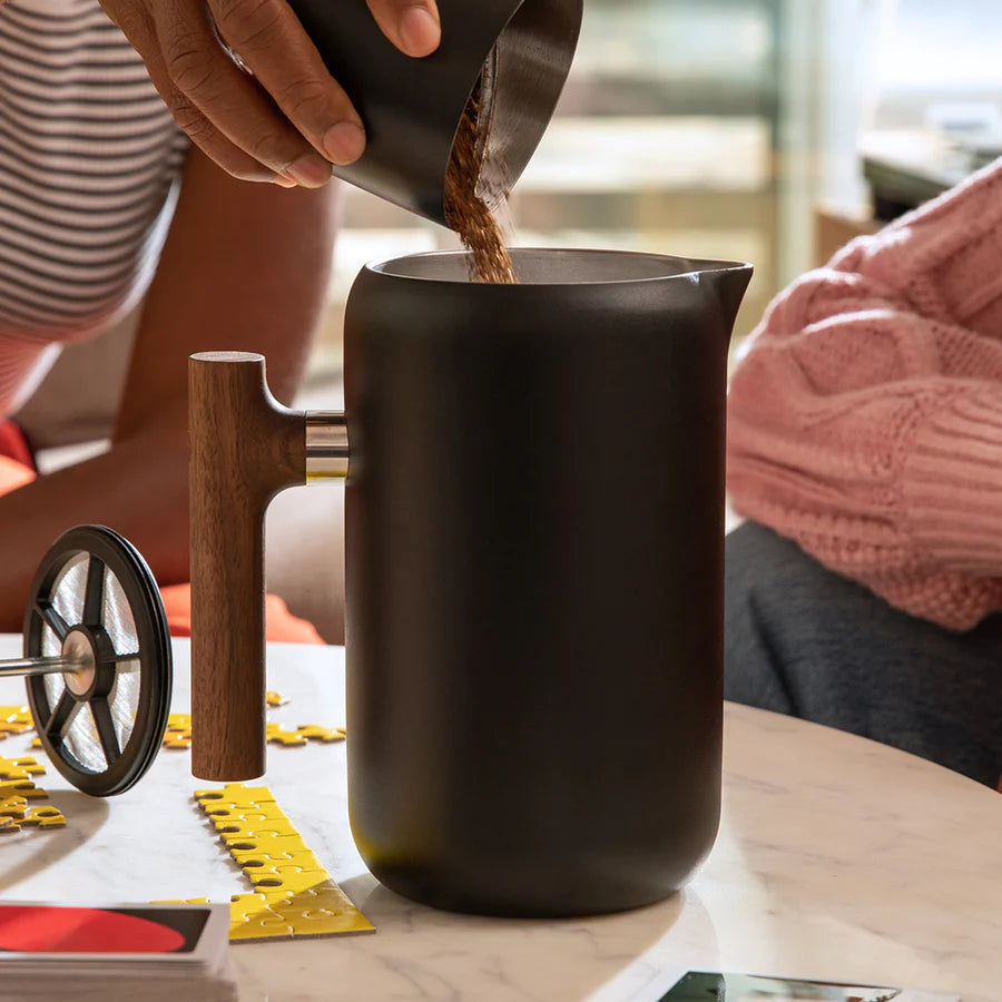 Fellow Clara French Press in Matte Black and Walnut