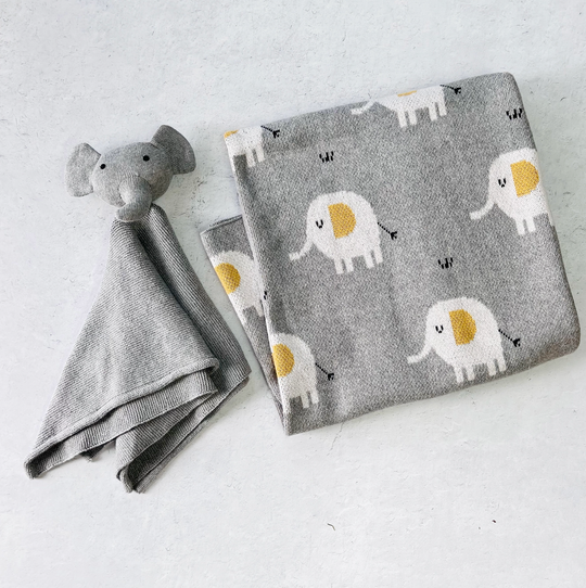 Elephant Jacquard Knit Baby Blanket & Lovey