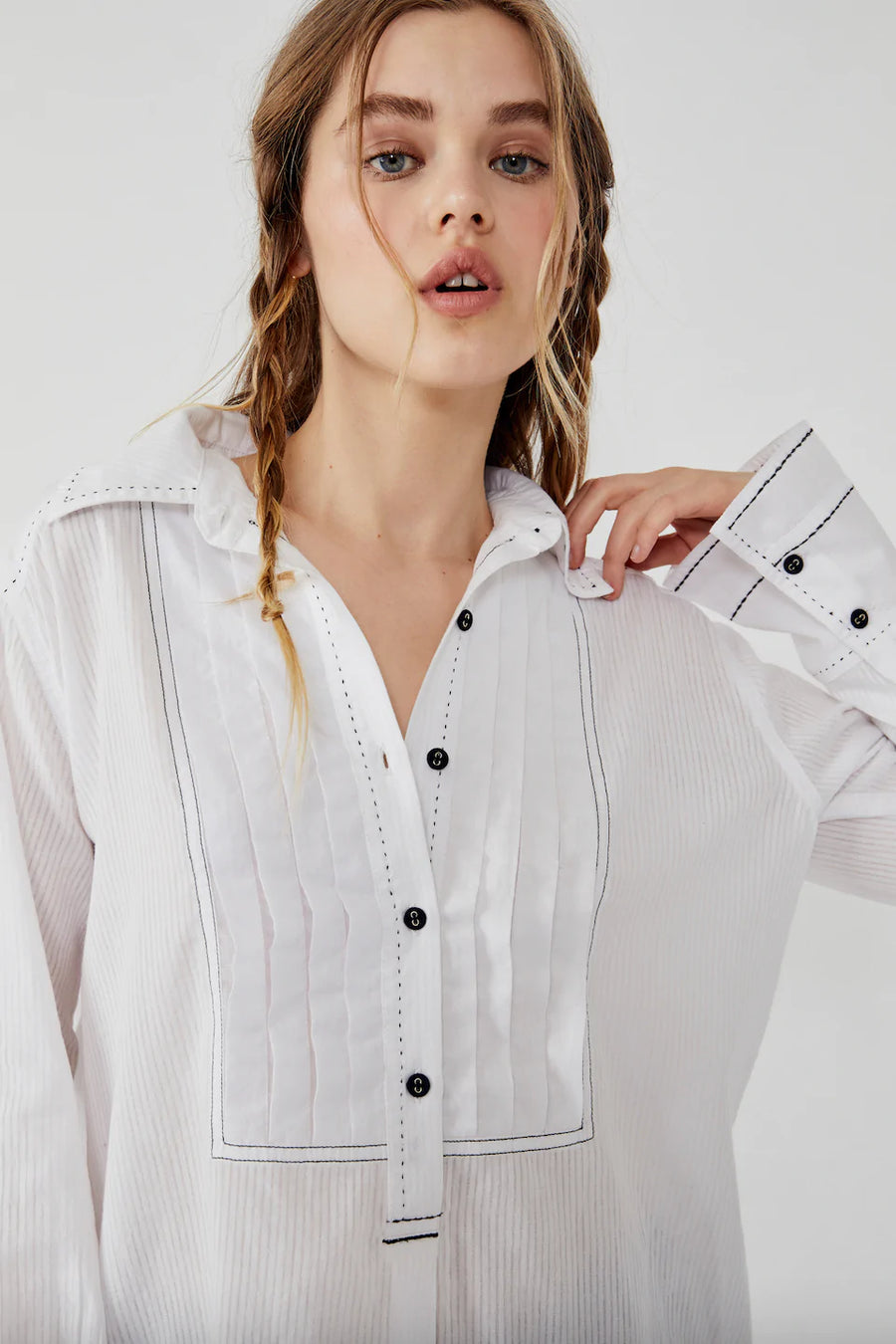 Free People Black Tie Tux Shirt in White