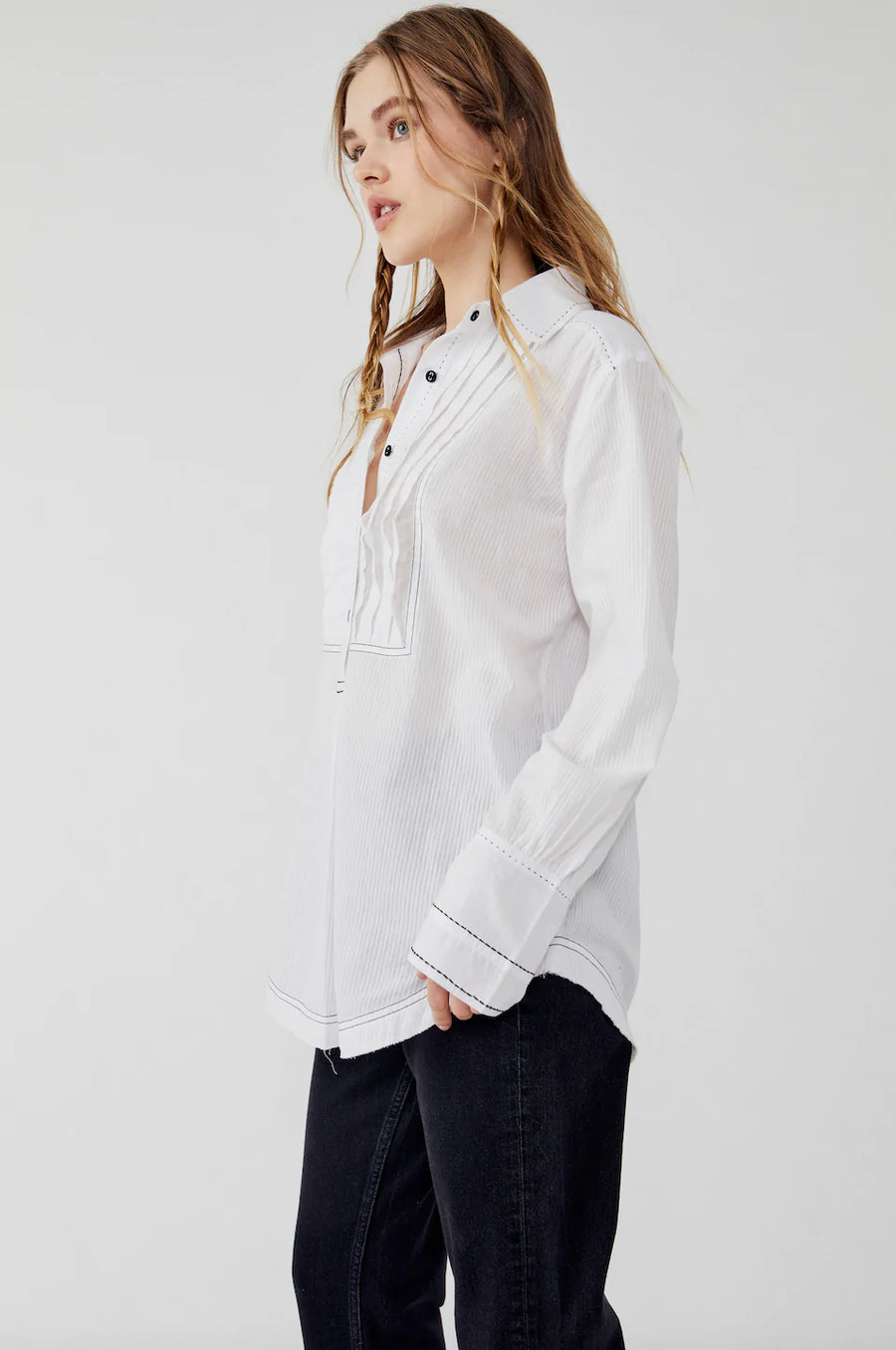 Free People Black Tie Tux Shirt in White