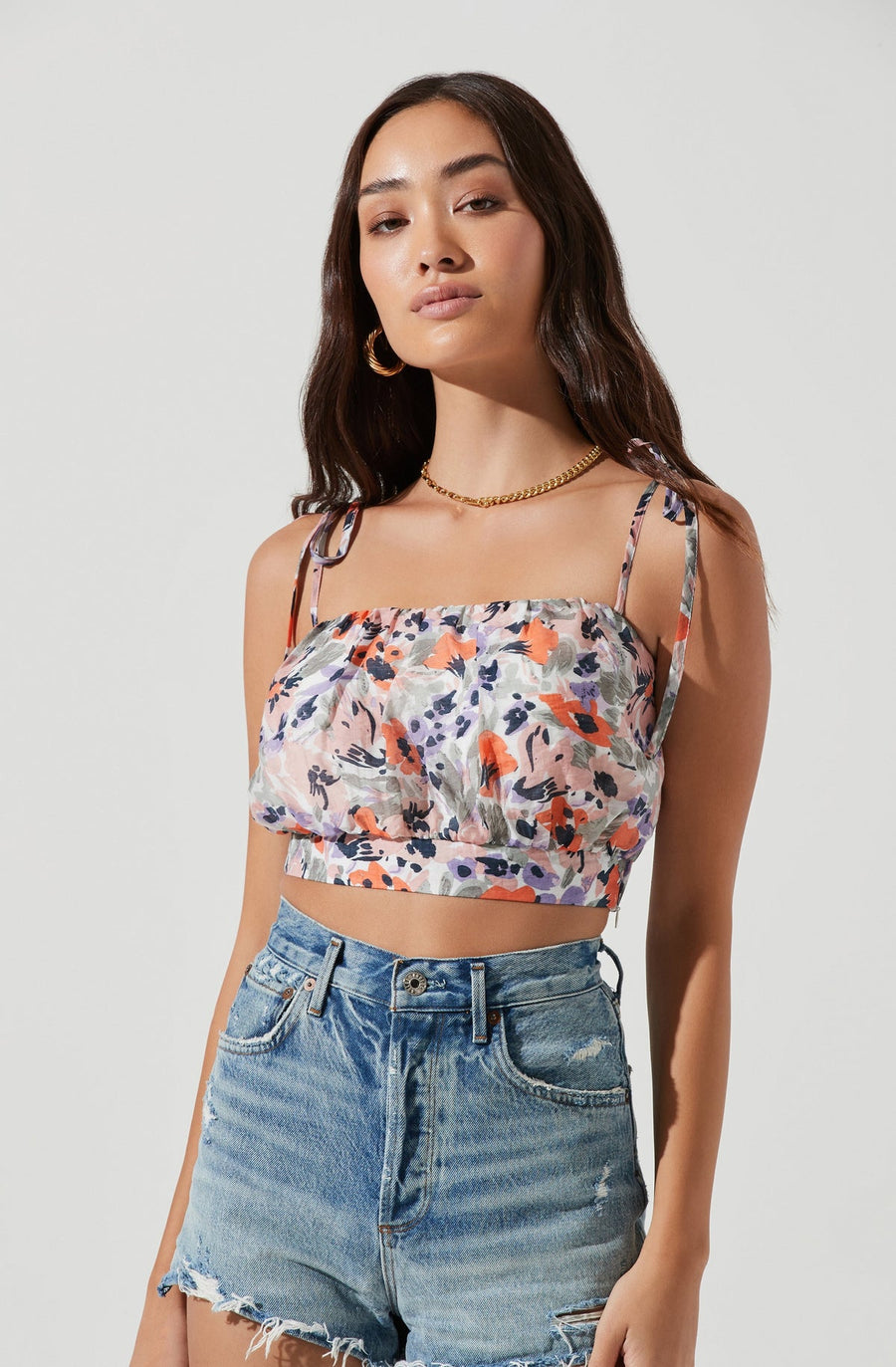 Terra Bella Floral Tie Strap Crop Top in Floral Orange