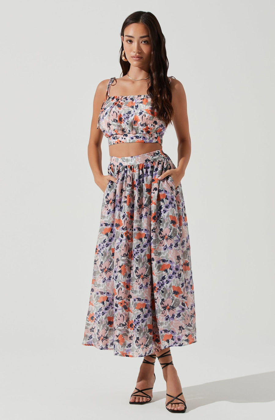 Terra Bella Floral Tie Strap Crop Top in Floral Orange